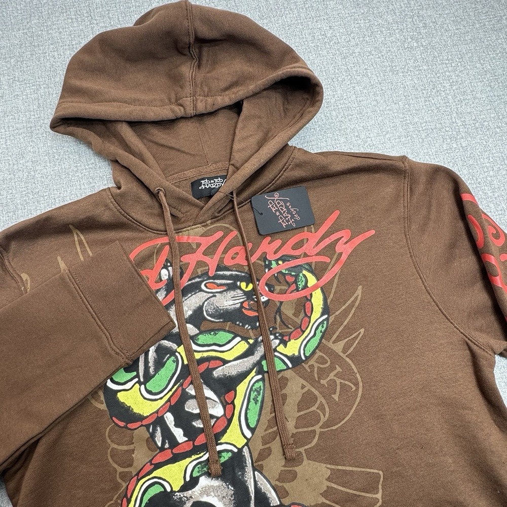 Ed Hardy Men's Cocoa Brown Snake Skull Graphic Hoodie Sweatshirt Size M